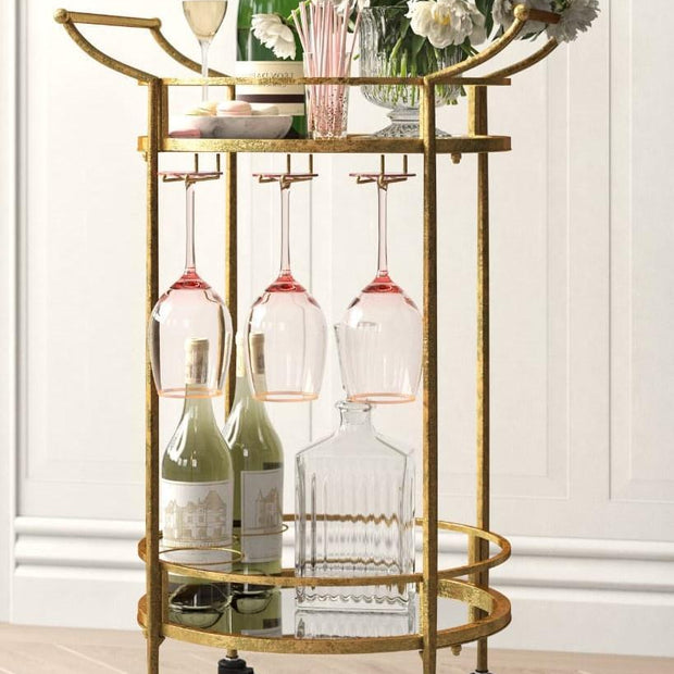 Golden Round Two Tier Bar Cart Trolley with Clear Glass Shelves