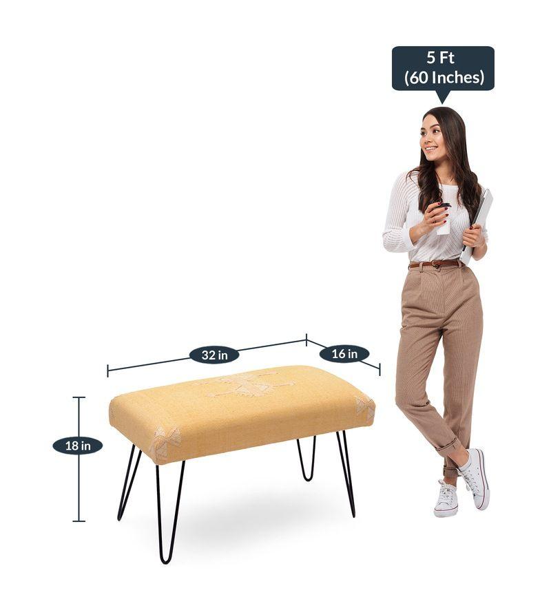 Mango Wood Bench In Cotton yellow Colour With Metal Legs - WoodenTwist