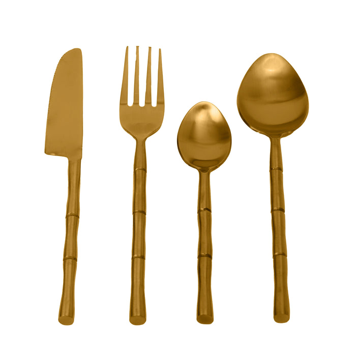Bamboo Elegance Golden Cutlery (Set of 24) 6Knife, 6Fork,6 RiceSpoon,6 Dessert Spoon - WoodenTwist