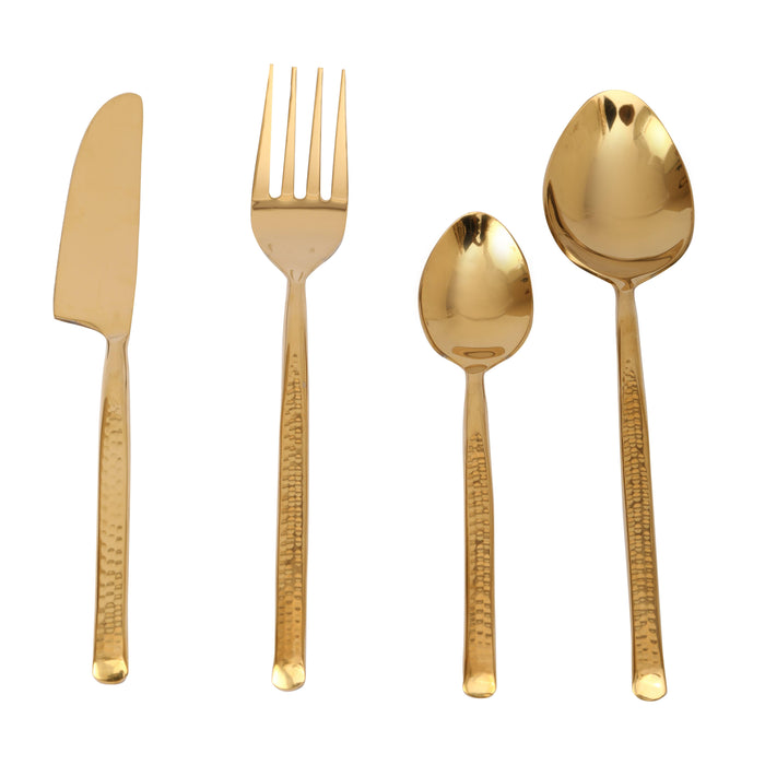 Artisan Dot Hammered Golden Cutlery (Set of 24) 6 Knife, 6 Fork, 6 Rice Spoon, 6 Dessert Spoon - WoodenTwist