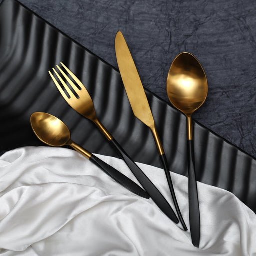 Midnight Opulence Black & Golden Cutlery (Set of 24) 6 Knife, 6 Fork, 6 Rice Spoon, 6 Dessert Spoon - WoodenTwist