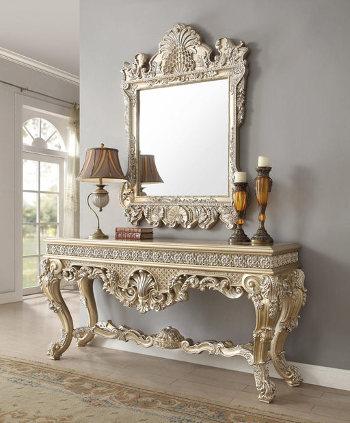 Wooden Twist Hand Carved Traditional Style Teak Wood Console Table With Mirror Silver Leaf (Golden Finish) - WoodenTwist