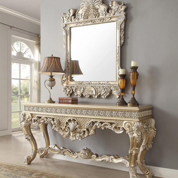 Wooden Twist Hand Carved Traditional Style Teak Wood Console Table With Mirror Silver Leaf (Golden Finish) - WoodenTwist