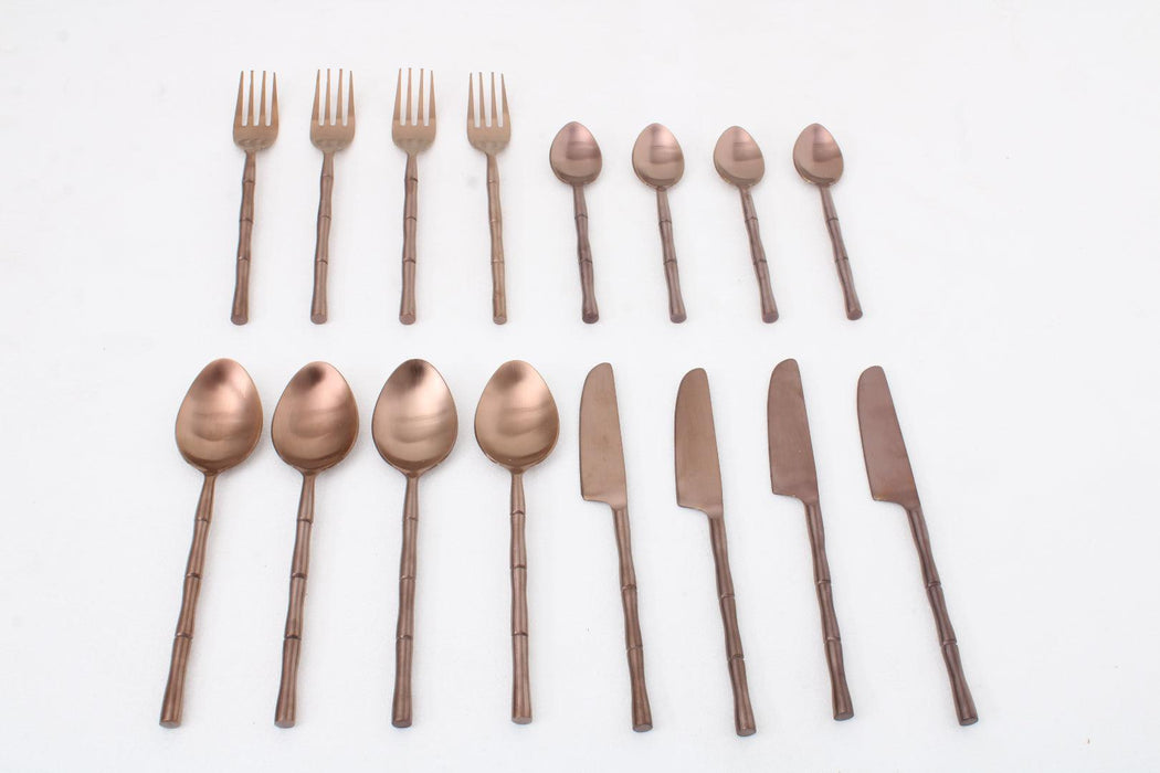 Bamboo Elegance Copper Cutlery (Set of 16) 4Knife, 4Fork, 4 Rice Spoon, 4 Dessert Spoon - WoodenTwist