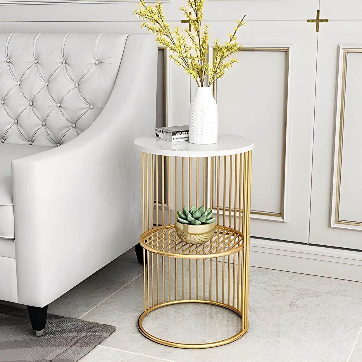Wooden Twist Abstract Style Wrought Iron 1-Tier Round End Table (Golden) - WoodenTwist