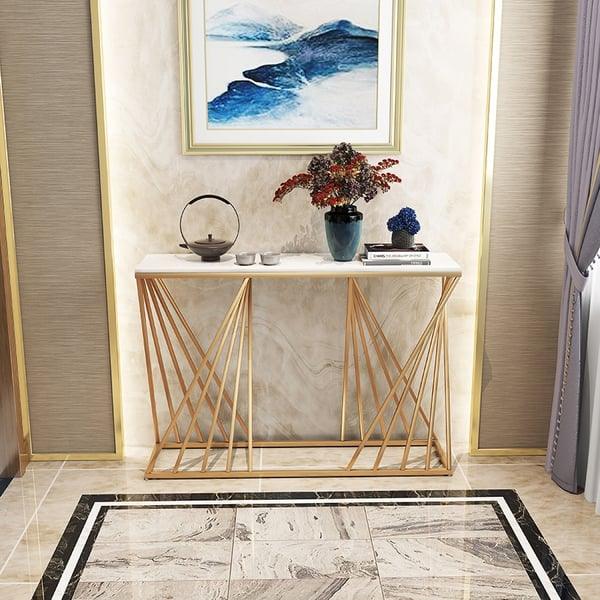 Opulent Golden Console Table - Modern Rectangular Marble Top - WoodenTwist