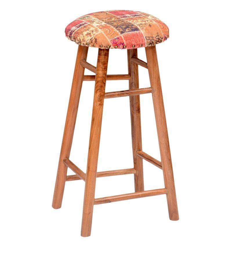 Round Mango Wood Bar Stool In Cotton Multicolour - WoodenTwist