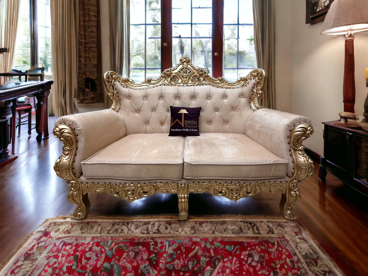 Wooden Boutique French Baroque Style Golden Leaf Hand Carved Sofa (2 Seater) - WoodenTwist