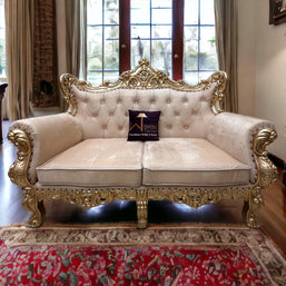 Wooden Boutique French Baroque Style Golden Leaf Hand Carved Sofa (2 Seater) - WoodenTwist
