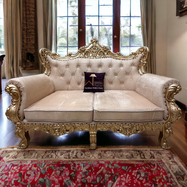 Wooden Boutique French Baroque Style Golden Leaf Hand Carved Sofa (2 Seater) - WoodenTwist