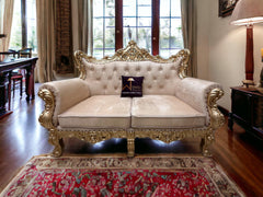 Wooden Boutique French Baroque Style Golden Leaf Hand Carved Sofa (2 Seater) - WoodenTwist