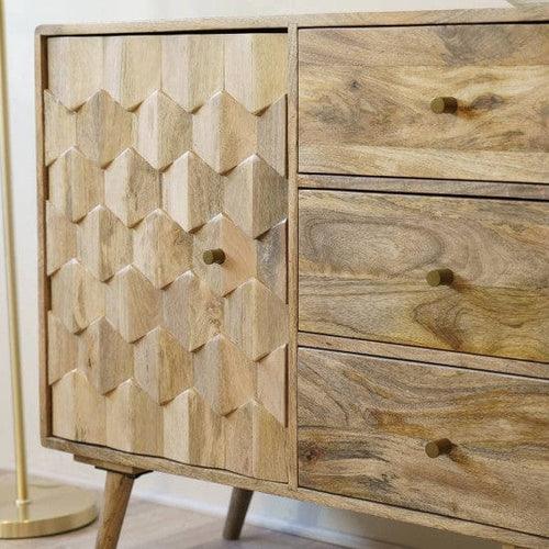 Wooden Twist Pentagonal Hand-Carved Sideboard Cabinet with 1 Door & 3 Drawers - WoodenTwist