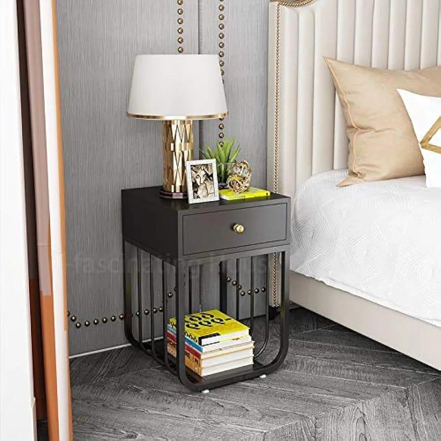 Luxurious Square Iron Side Table with Drawer and Lamp Stand - Black