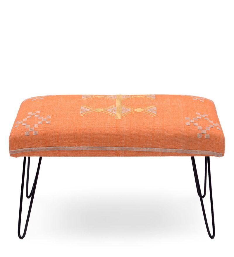 Mango Wood Bench In Cotton Orange Colour With Metal Legs - WoodenTwist