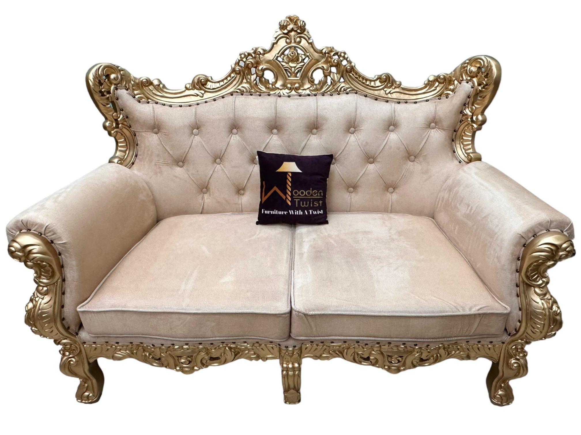 Wooden Boutique French Baroque Style Golden Leaf Hand Carved Sofa (2 Seater) - WoodenTwist