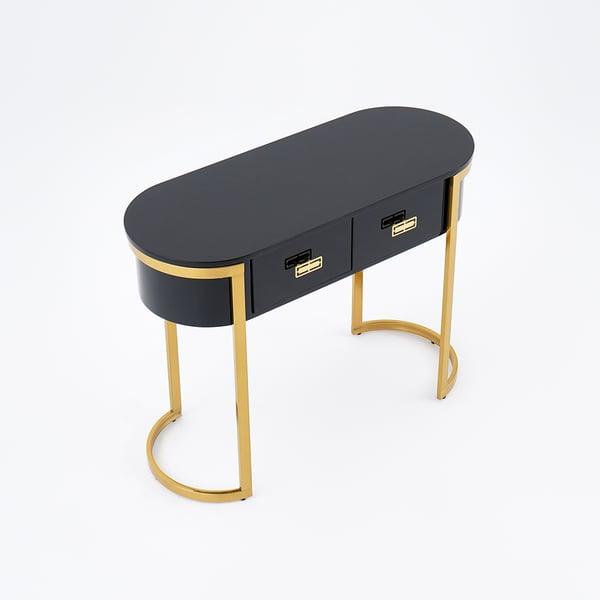 Luxurious Oval Console Table with Black Glass Top and 2 Drawers - Modern Design (Golden) - WoodenTwist