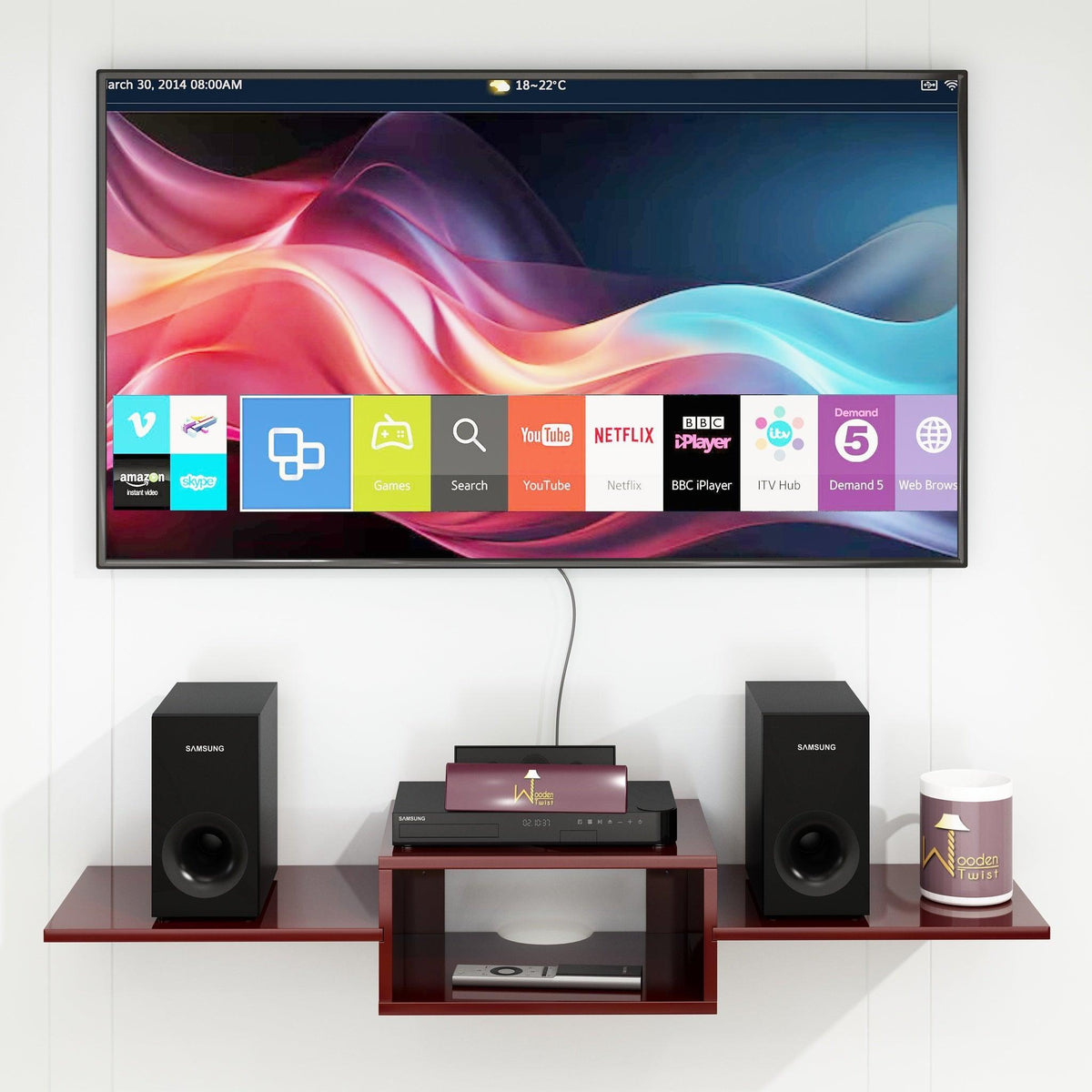 An entertainment shelf that floats instead of taking floor space