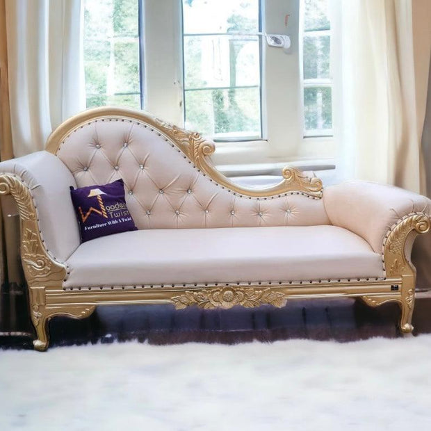 Vintage Teak Wood Handcrafted Deewan Chaise Lounge (Golden) - WoodenTwist