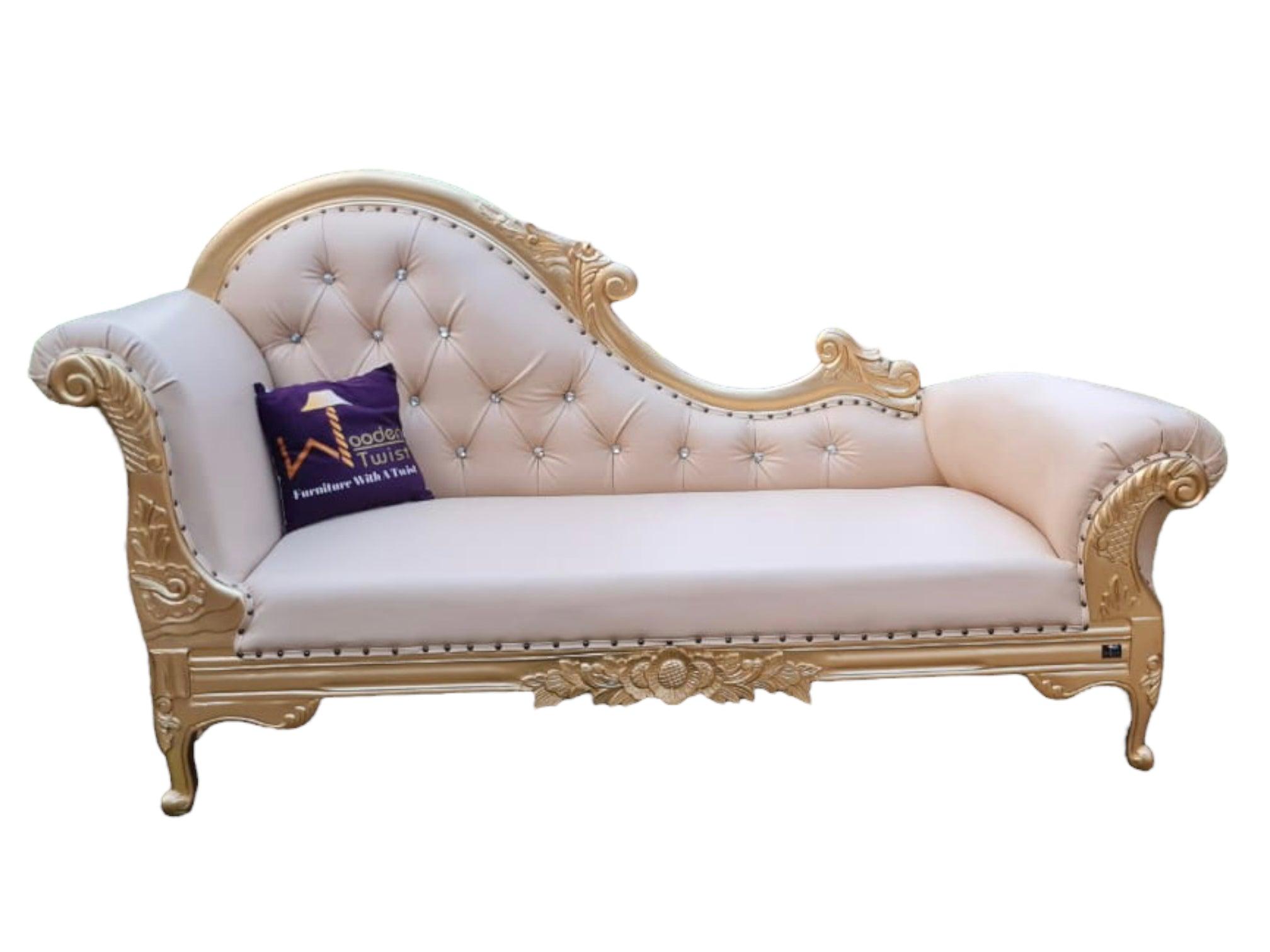 Vintage Teak Wood Handcrafted Deewan Chaise Lounge (Golden) - WoodenTwist