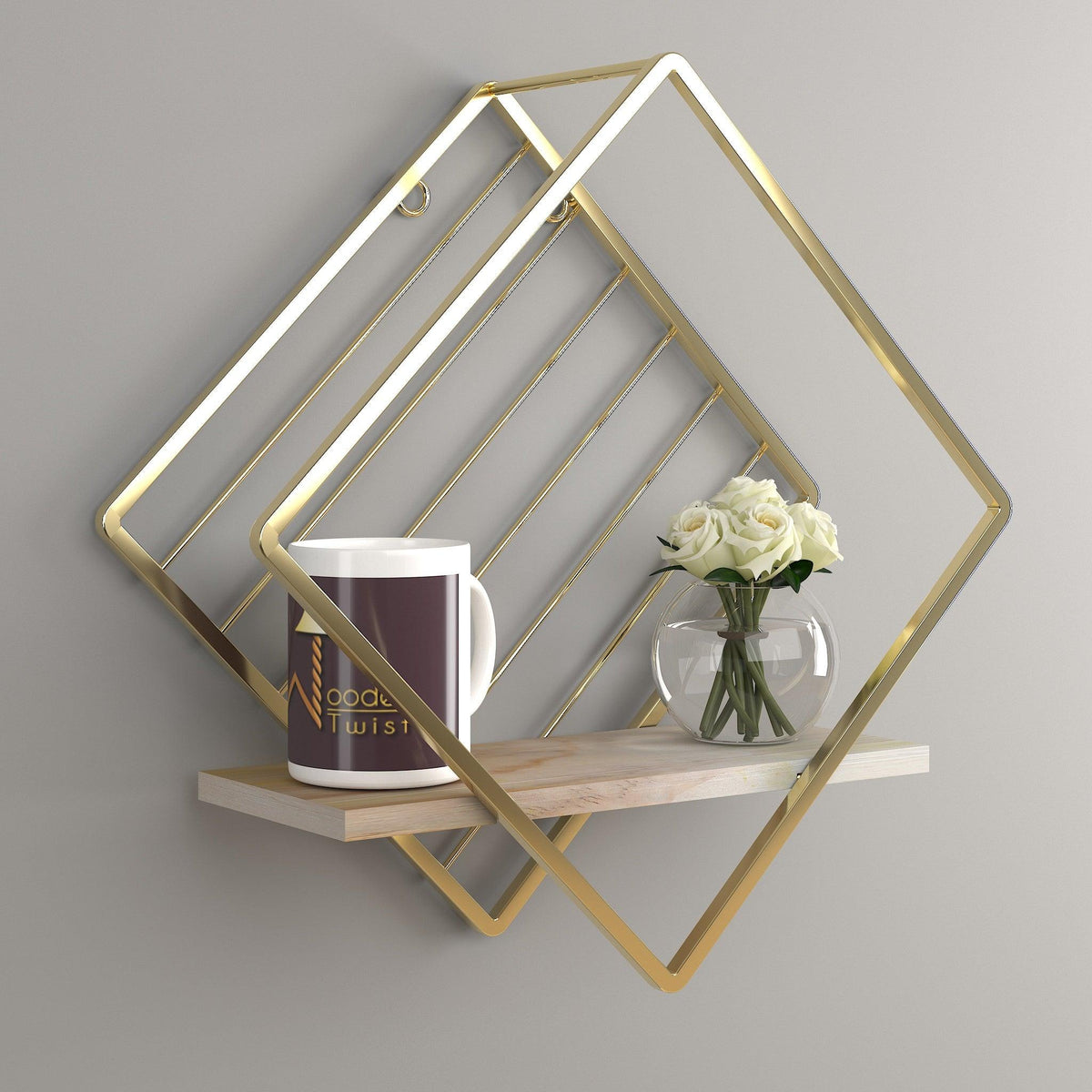 Wooden Twist Metallic Rhombus Shape Wood & Iron Storage Wall Shelf ( Golden ) - WoodenTwist