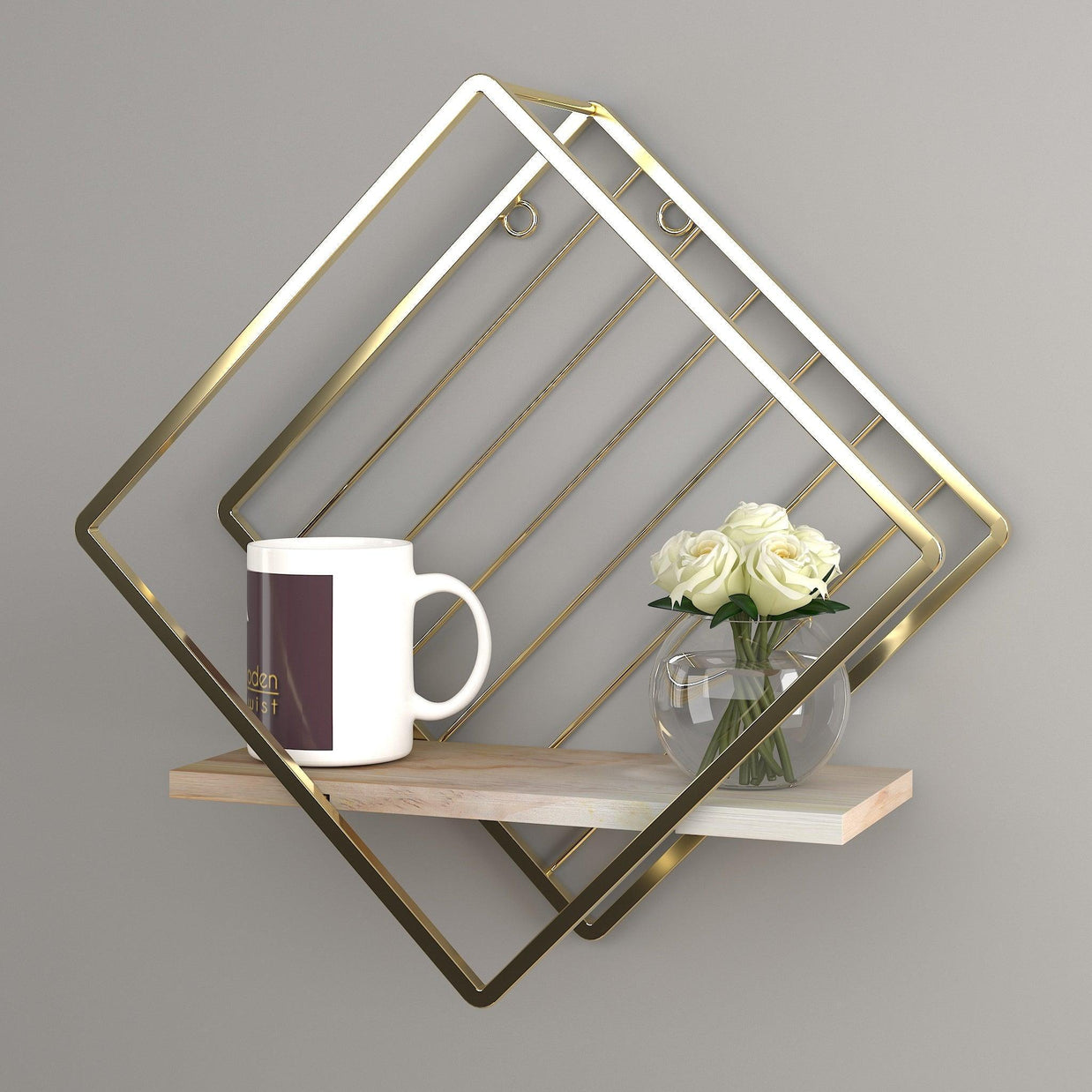 Golden rhombus wall shelf holding books and decor