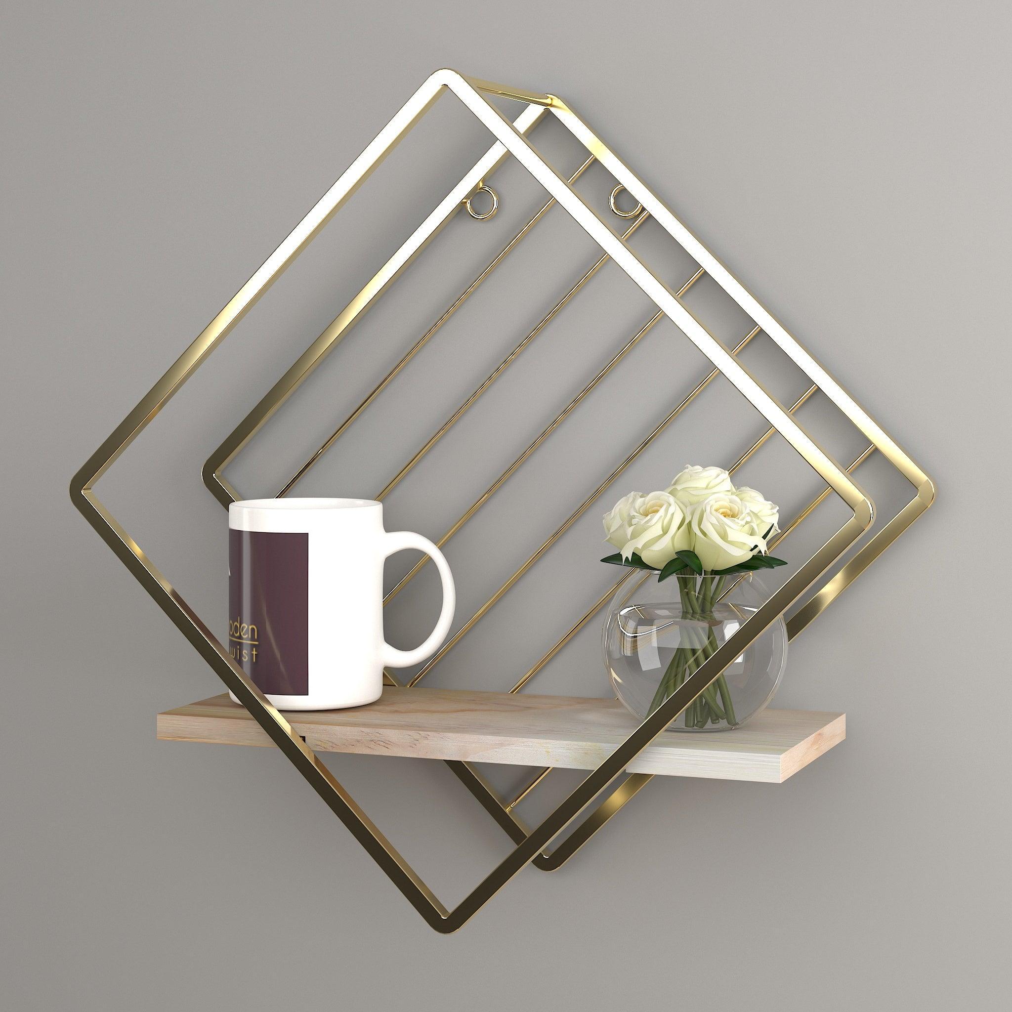 Golden rhombus wall shelf holding books and decor