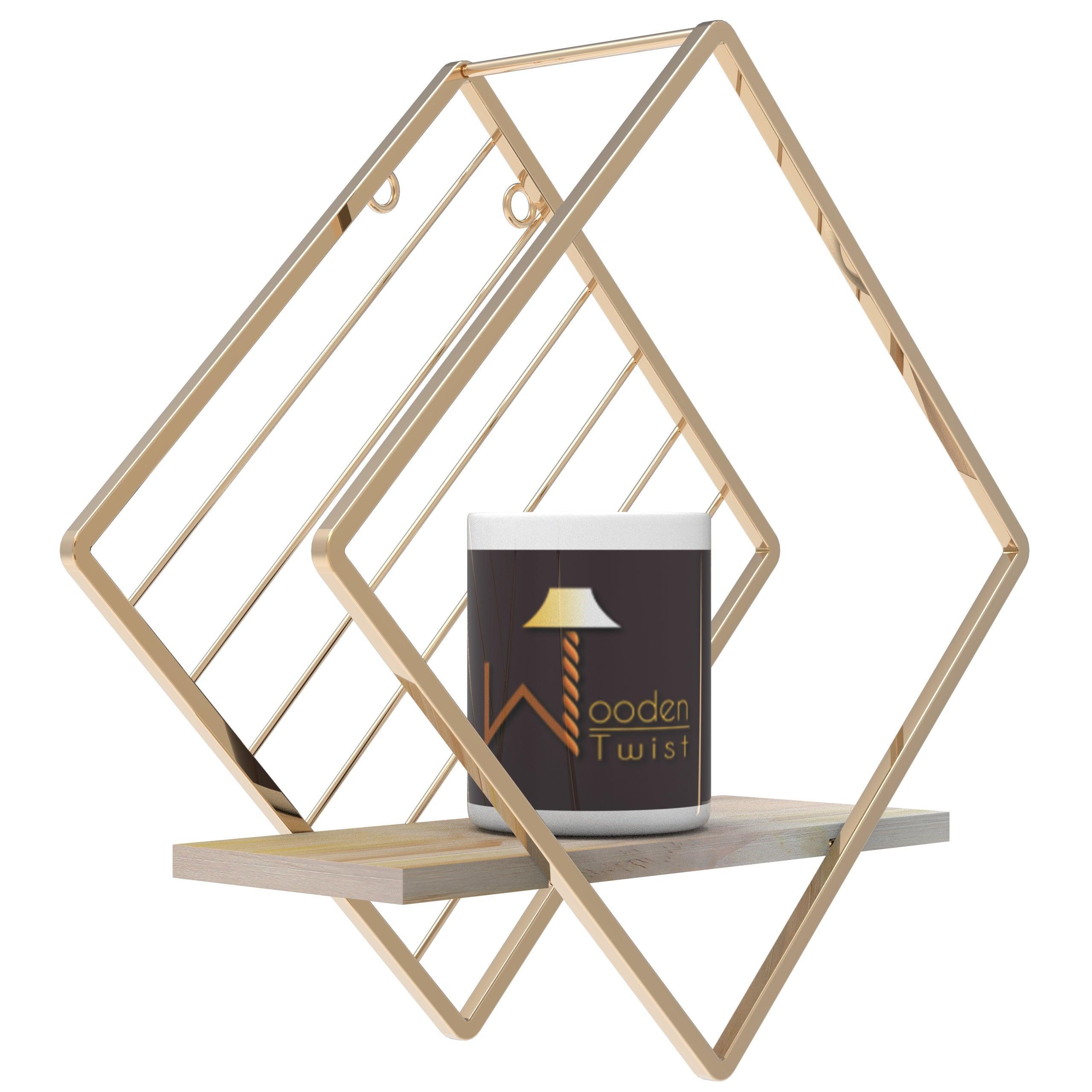 Close-up of golden tone finish on rhombus wall shelf