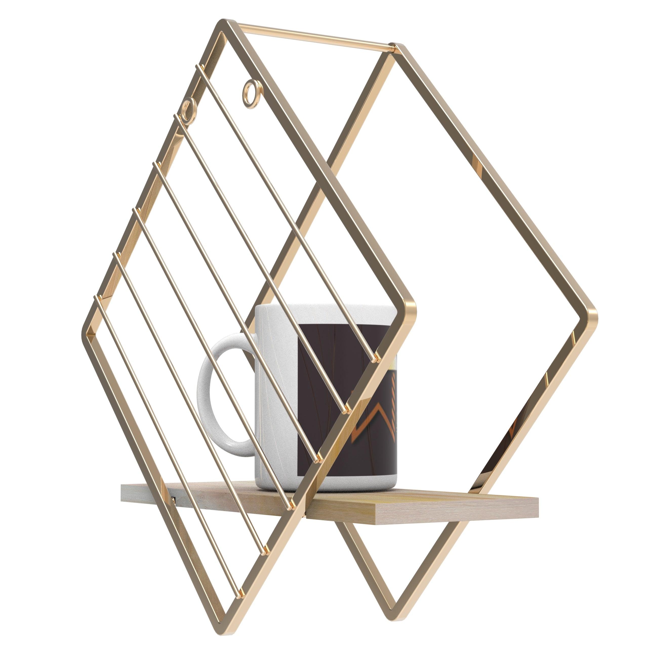 Wooden Twist Metallic Rhombus Shape Wood & Iron Storage Wall Shelf ( Golden ) - WoodenTwist