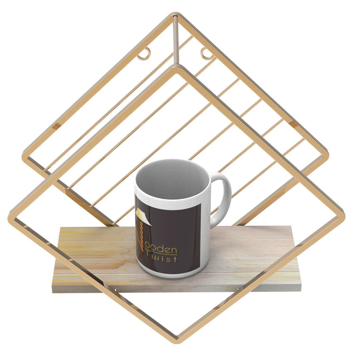 Wooden Twist Metallic Rhombus Shape Wood & Iron Storage Wall Shelf ( Golden ) - WoodenTwist