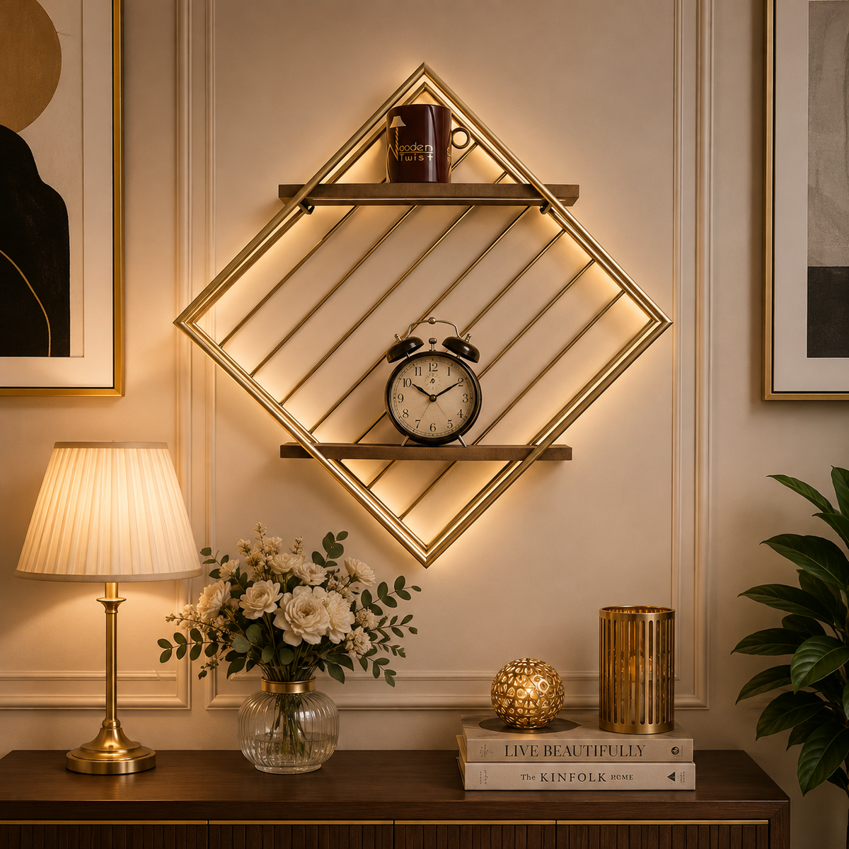 मैटेलिक ट्विस्ट 2-टियर सजावटी ठोस लकड़ी भंडारण शेल्फ (गोल्डन)