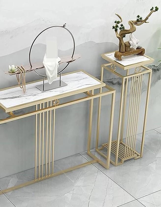 Luxurious Modern Rectangle Console Table Set with White Marble Top and Storage Box (White & Golden) - 3 Piece Set - WoodenTwist