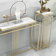 Luxurious Modern Rectangle Console Table Set with White Marble Top and Storage Box (White & Golden) - 3 Piece Set - WoodenTwist
