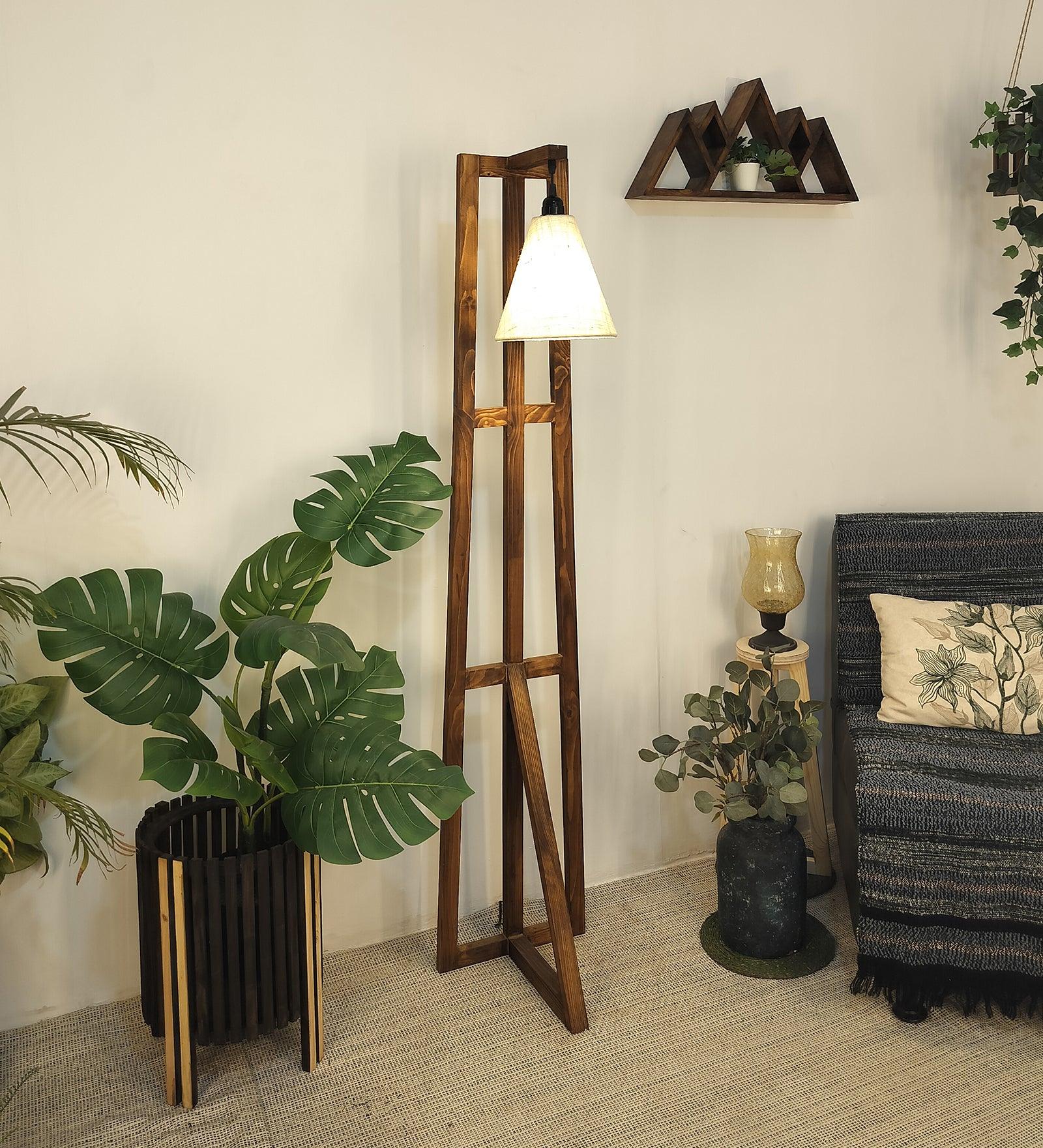 Achille Wooden Floor Lamp with Brown Base and Jute Fabric Lampshade - WoodenTwist