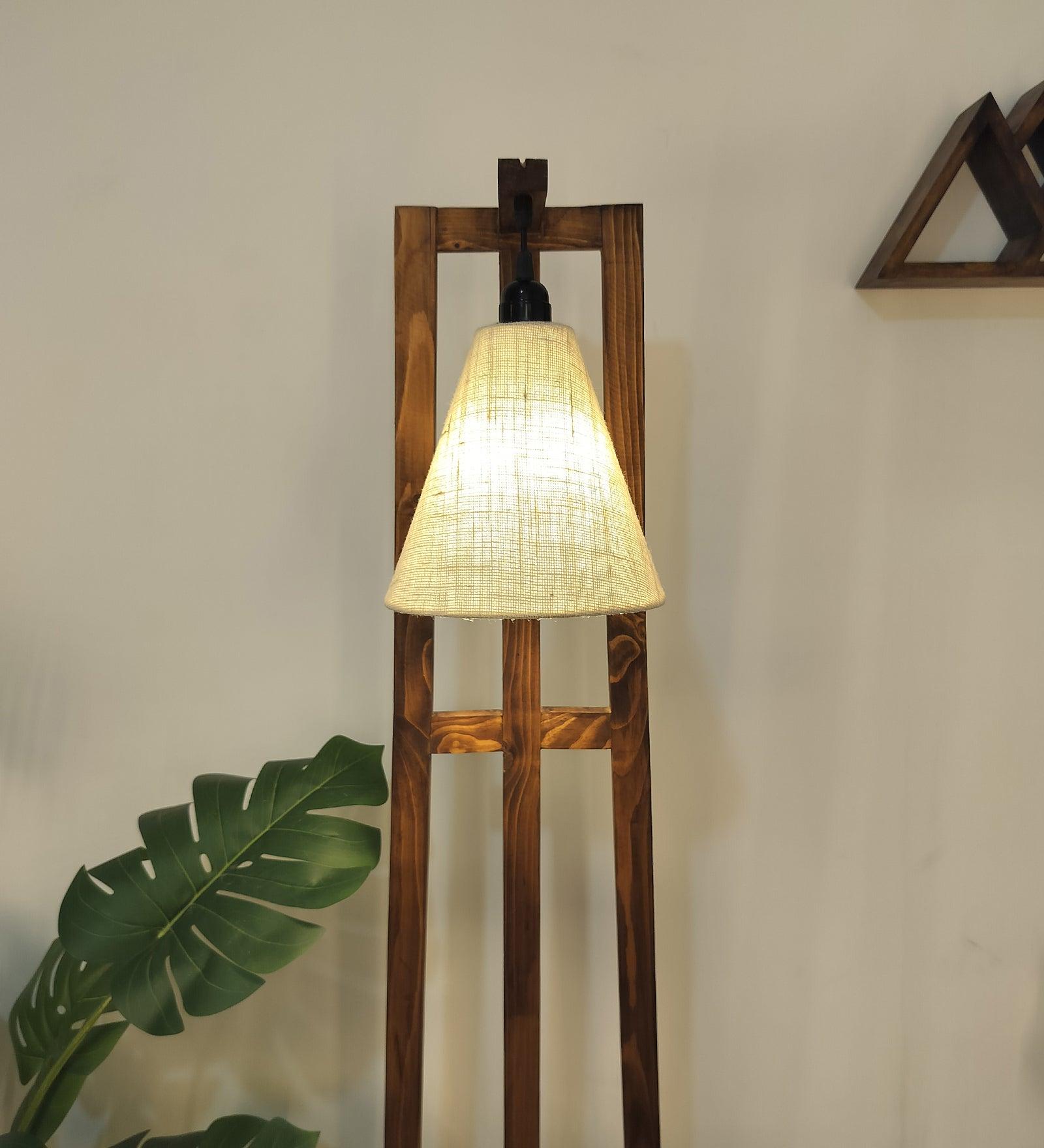 Achille Wooden Floor Lamp with Brown Base and Jute Fabric Lampshade - WoodenTwist