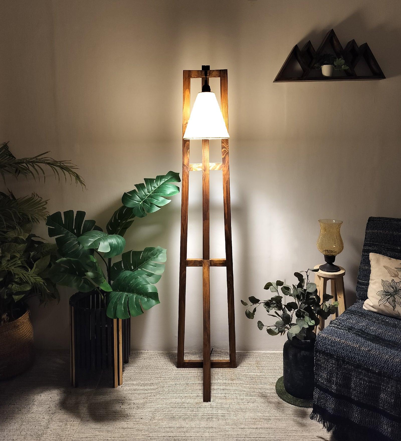 Achille Wooden Floor Lamp with Brown Base and Jute Fabric Lampshade - WoodenTwist