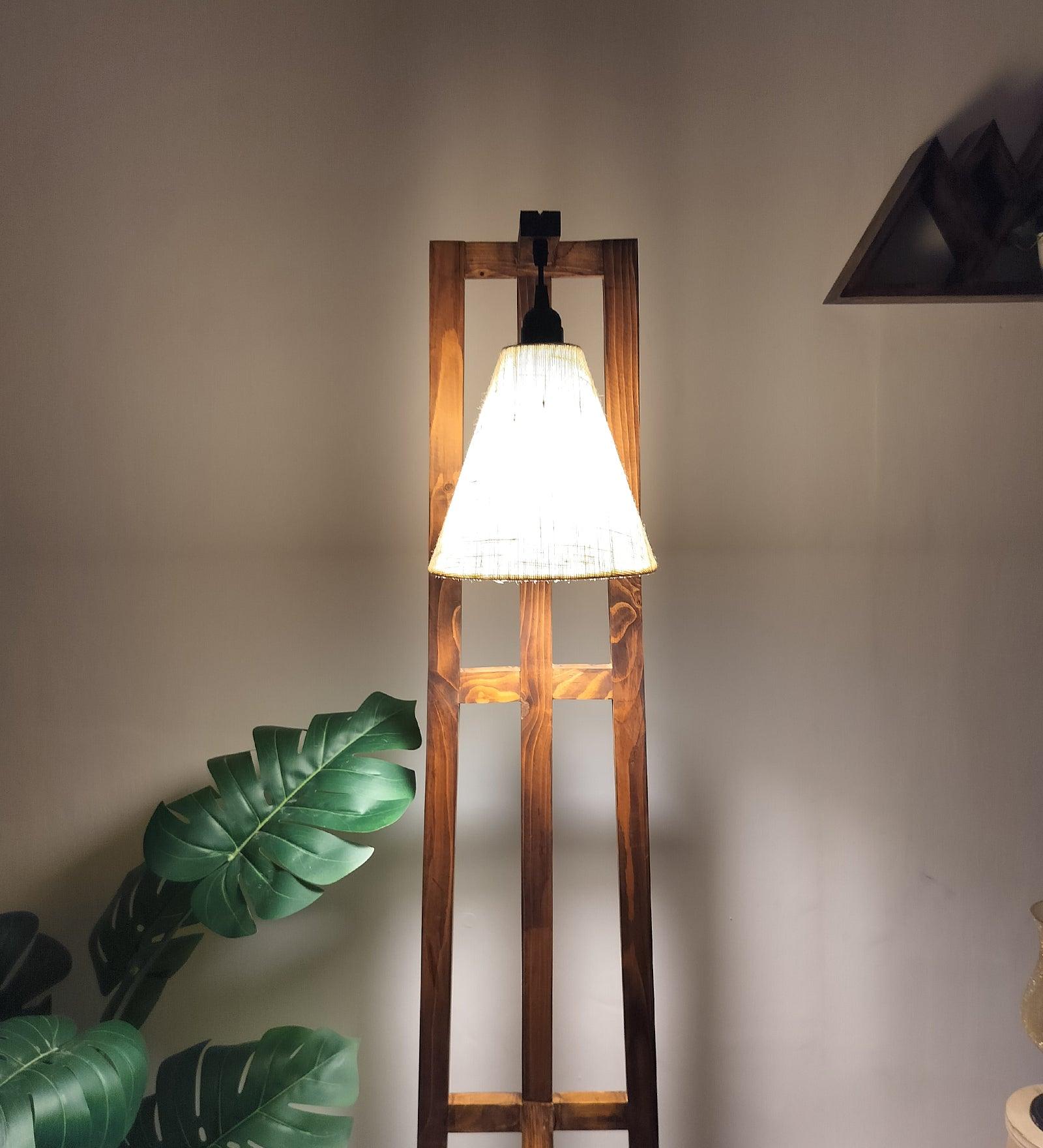 Achille Wooden Floor Lamp with Brown Base and Jute Fabric Lampshade - WoodenTwist