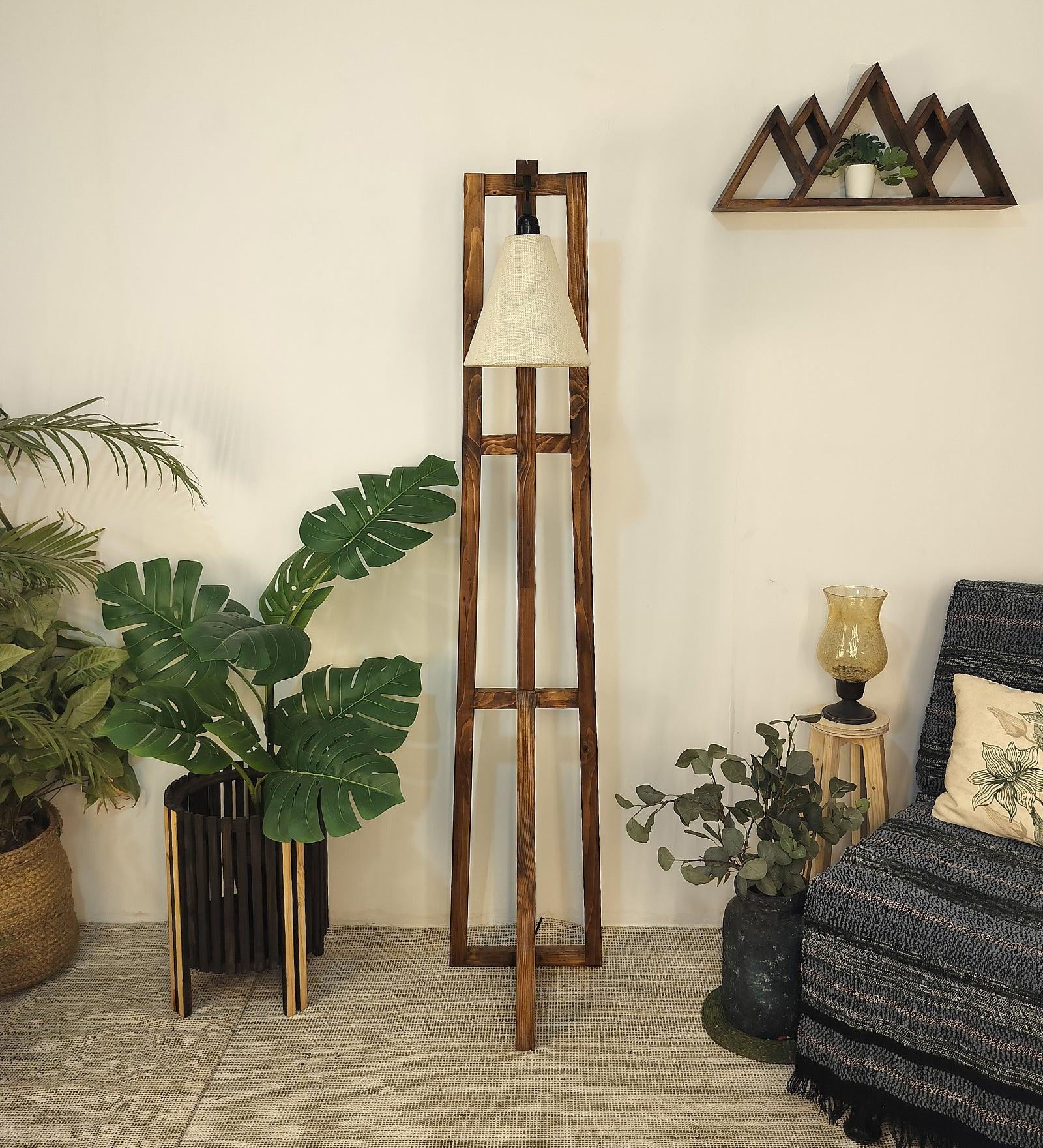 Achille Wooden Floor Lamp with Brown Base and Jute Fabric Lampshade - WoodenTwist