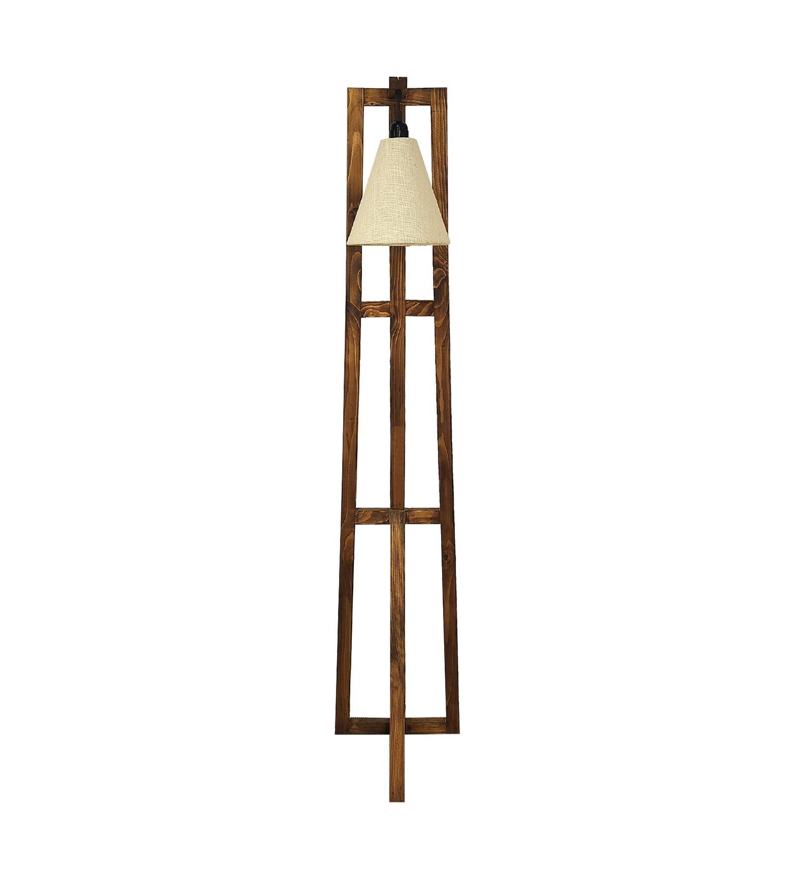 Achille Wooden Floor Lamp with Brown Base and Jute Fabric Lampshade - WoodenTwist