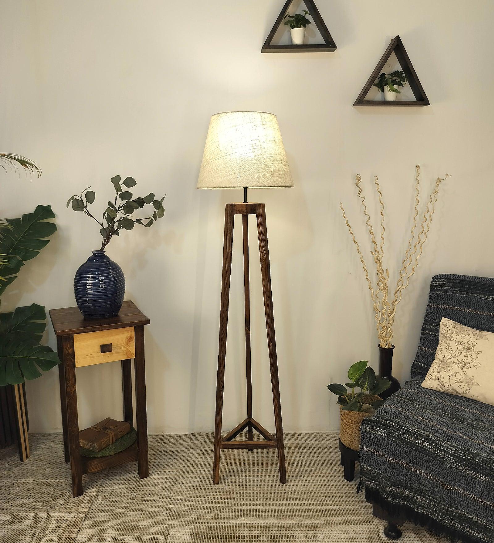 Adrienne Wooden Floor Lamp with Brown Base and Premium Beige Fabric Lampshade - WoodenTwist