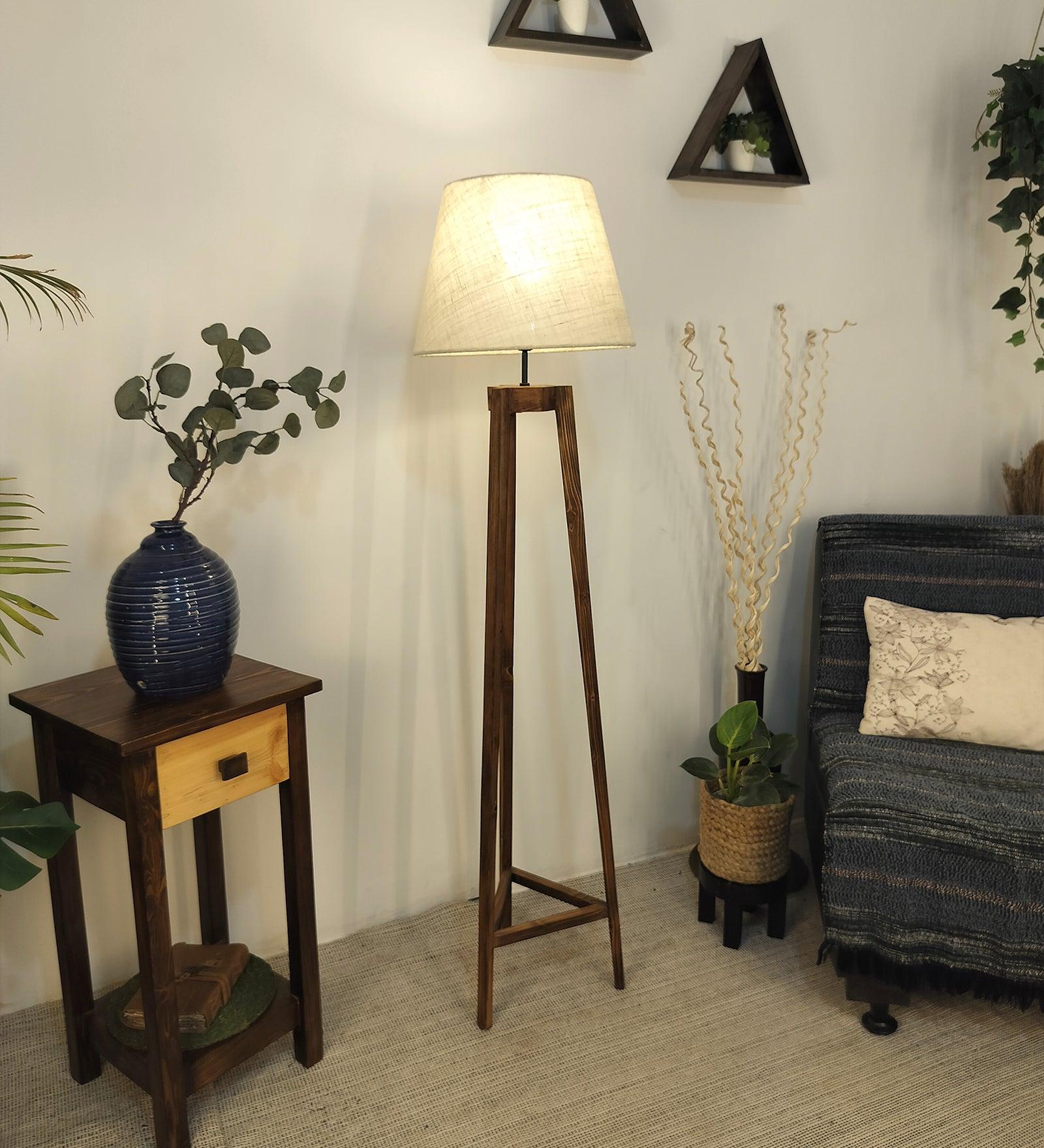 Adrienne Wooden Floor Lamp with Brown Base and Premium Beige Fabric Lampshade - WoodenTwist