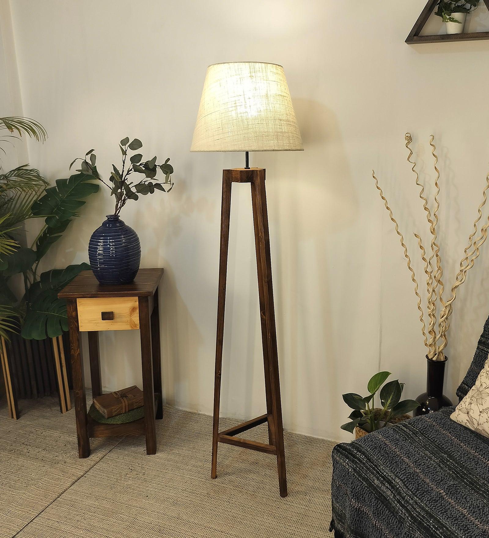 Adrienne Wooden Floor Lamp with Brown Base and Premium Beige Fabric Lampshade - WoodenTwist