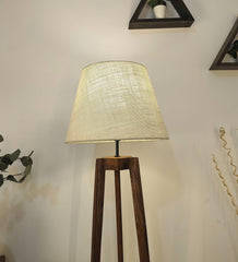 Adrienne Wooden Floor Lamp with Brown Base and Premium Beige Fabric Lampshade - WoodenTwist