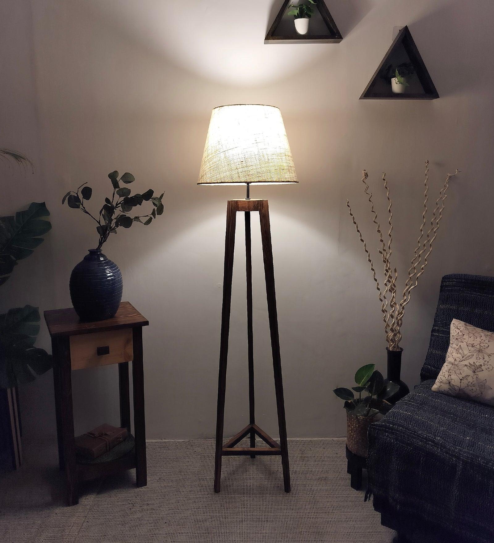 Adrienne Wooden Floor Lamp with Brown Base and Premium Beige Fabric Lampshade - WoodenTwist