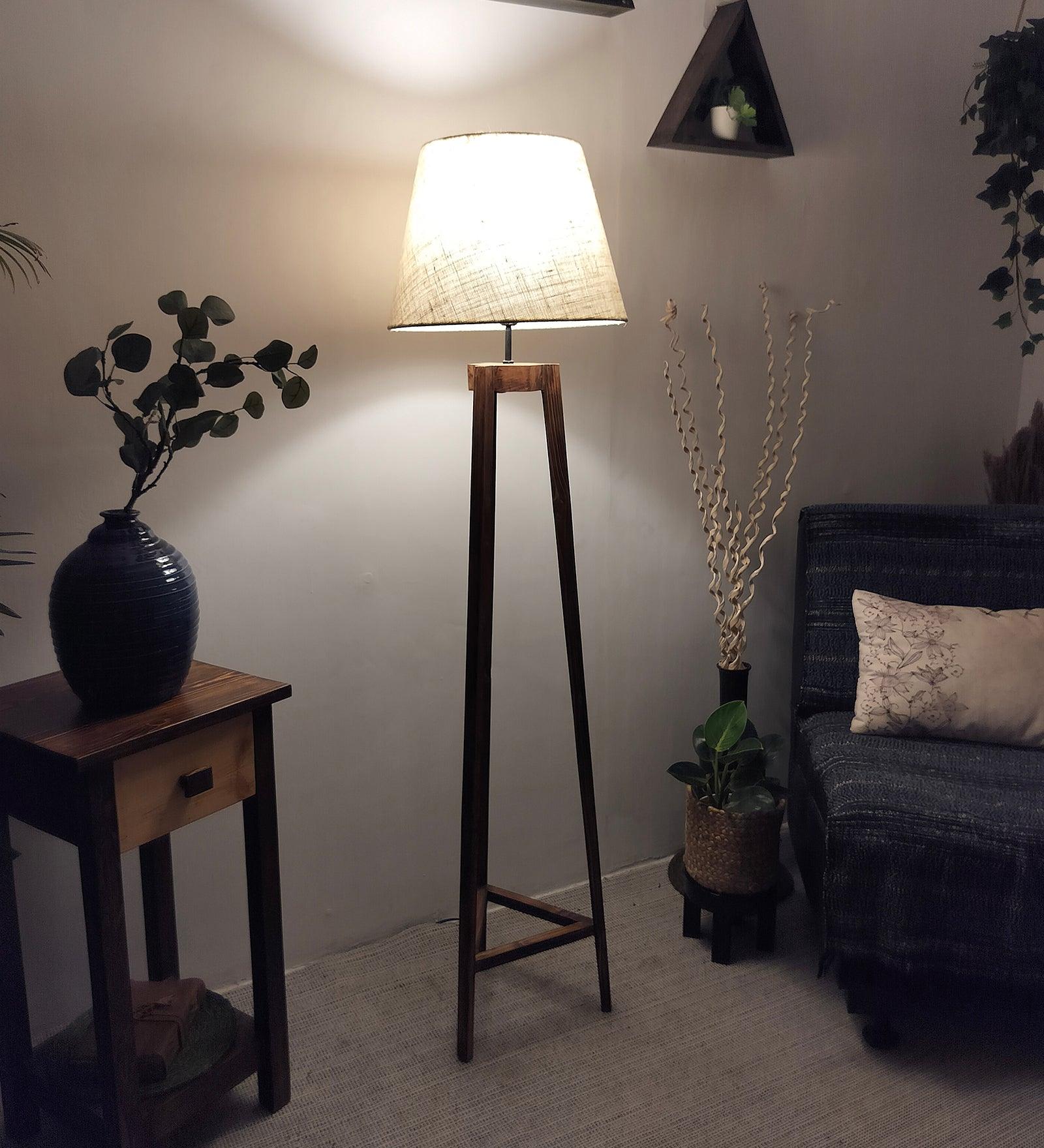 Adrienne Wooden Floor Lamp with Brown Base and Premium Beige Fabric Lampshade - WoodenTwist