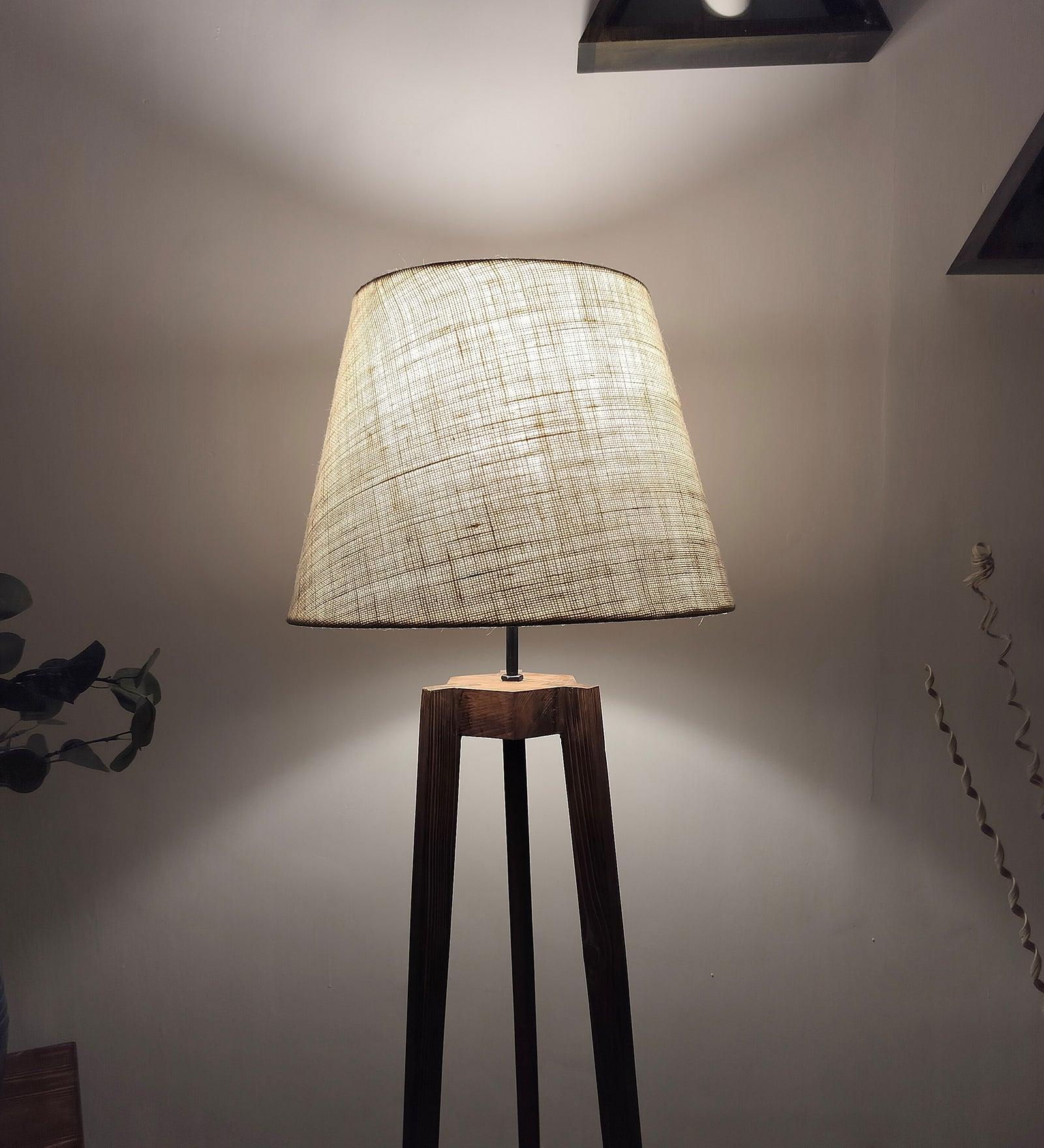 Adrienne Wooden Floor Lamp with Brown Base and Premium Beige Fabric Lampshade - WoodenTwist