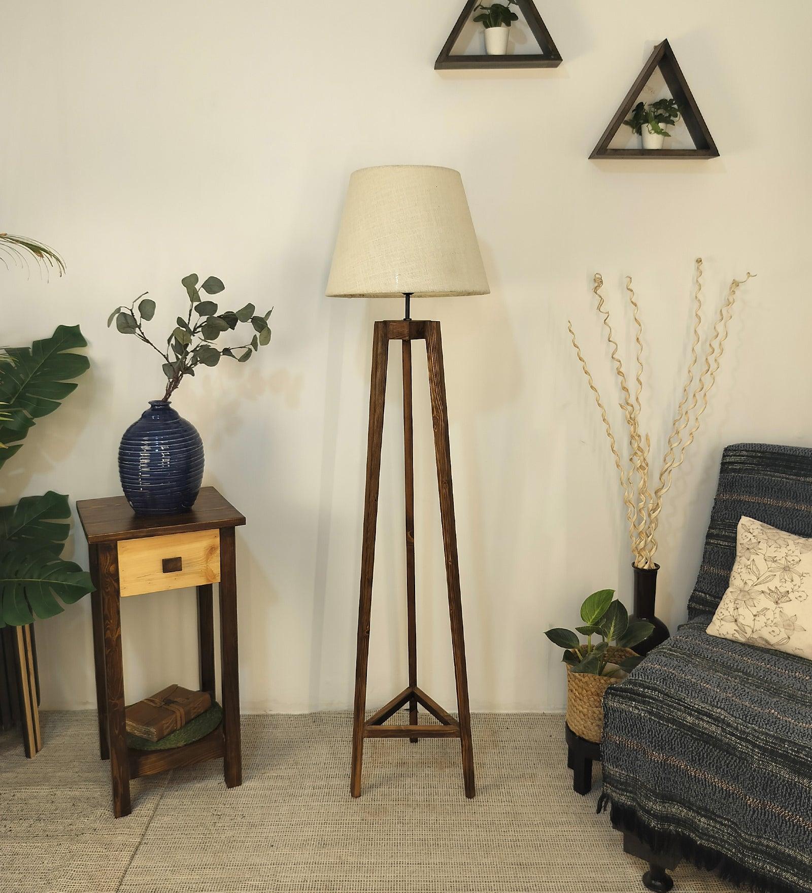 Adrienne Wooden Floor Lamp with Brown Base and Premium Beige Fabric Lampshade - WoodenTwist