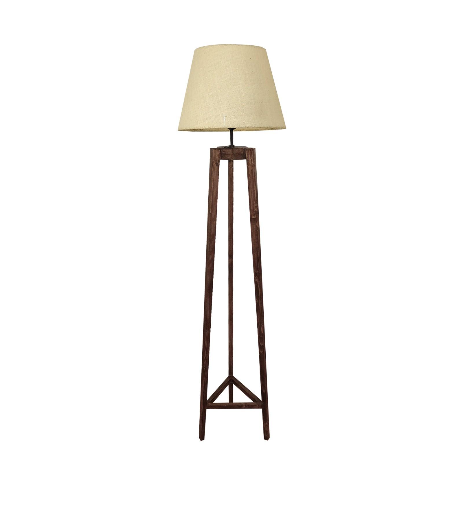 Adrienne Wooden Floor Lamp with Brown Base and Premium Beige Fabric Lampshade - WoodenTwist