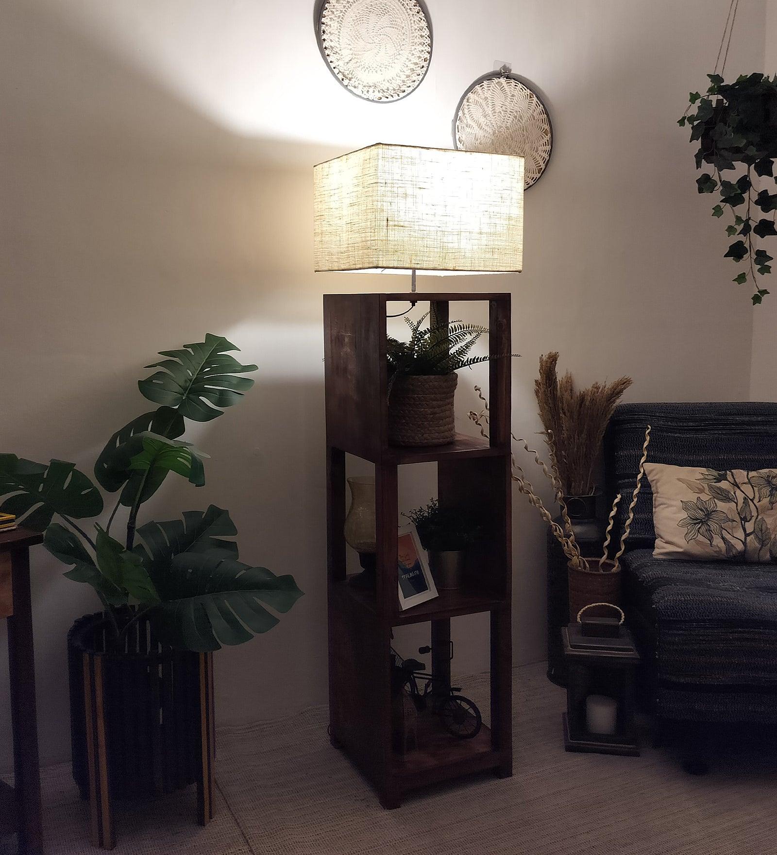 Agnes Wooden Floor Lamp with Brown Base and Jute Fabric Lampshade - WoodenTwist