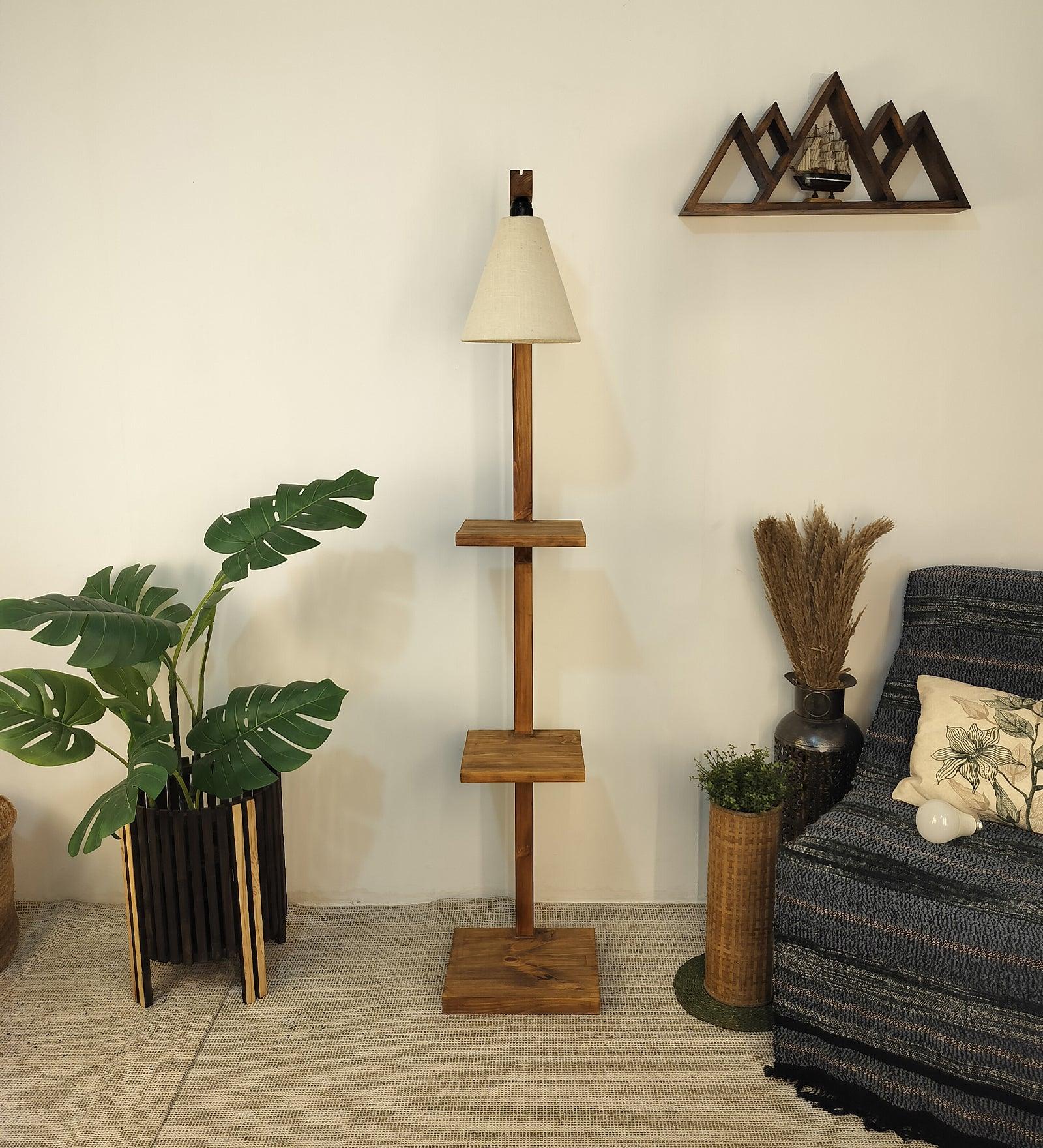 Andre Wooden Floor Lamp with Brown Base and Jute Fabric Lampshade - WoodenTwist