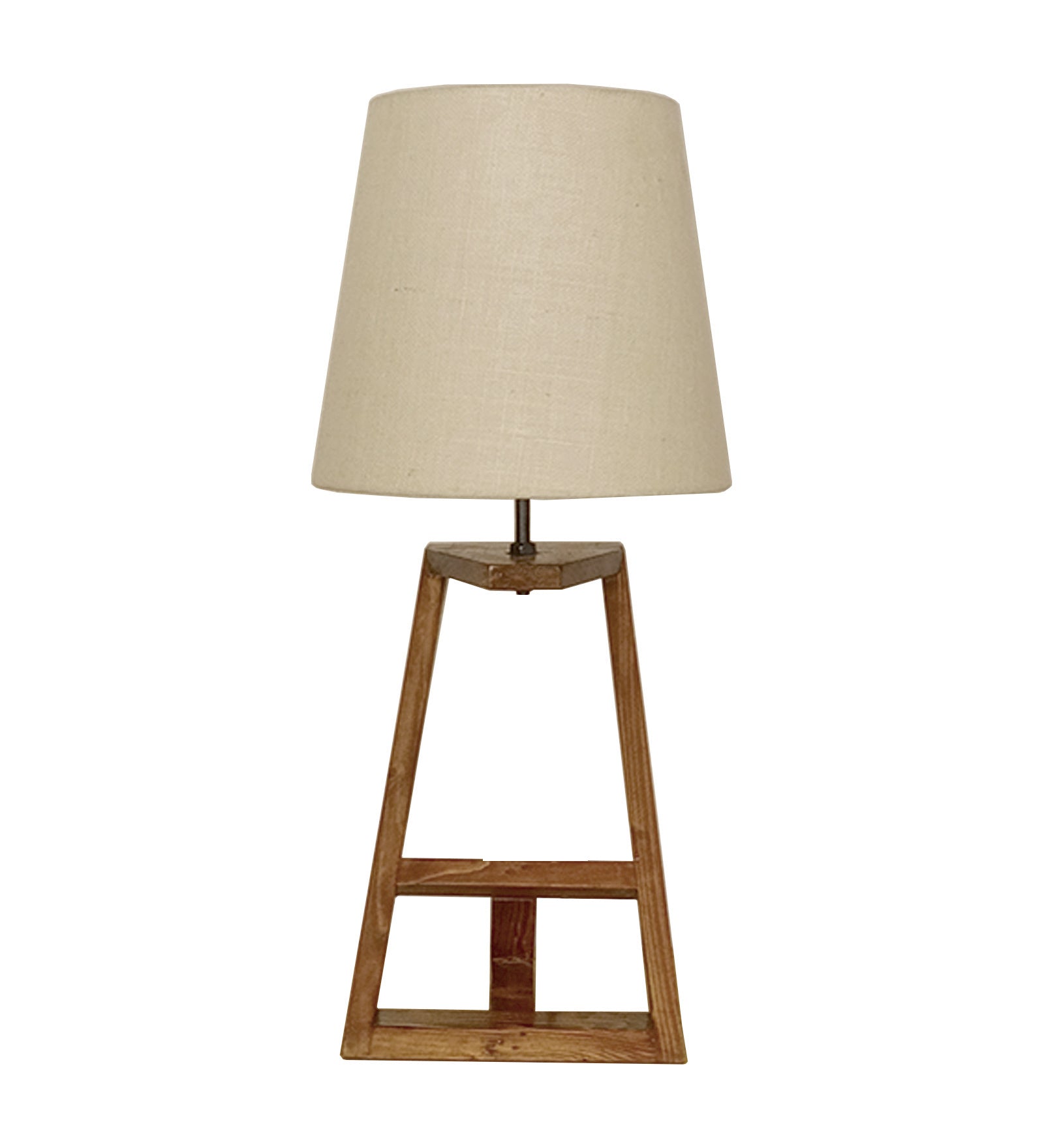 Angular Wooden Table Lamp with Brown Base and Premium White Fabric Lampshade